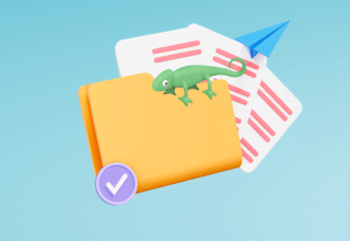 Image d'un dossier à télécharger contenant des feuilles volantes sur un fond bleu avec la présence d'un caméléon